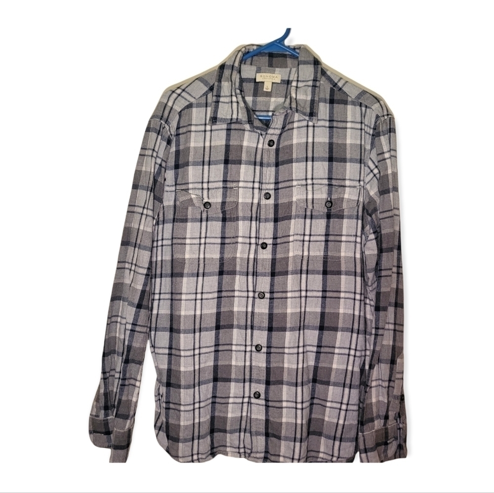 Sonoma Life + Style Black Gray & White Plaid Flannel Size Large